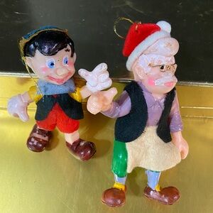 WALT DISNEY VINTAGE PINOCCHIO & GEPPETTO CHRISTMAS ORNAMENTS WITH FELT CLOTHES